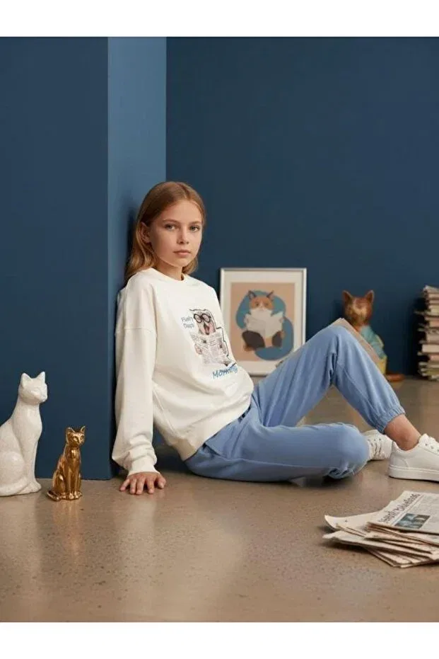 Детские свитшот для девочек с принтом Cat Printed Oversized Design Zekids, Ecru — фото 3