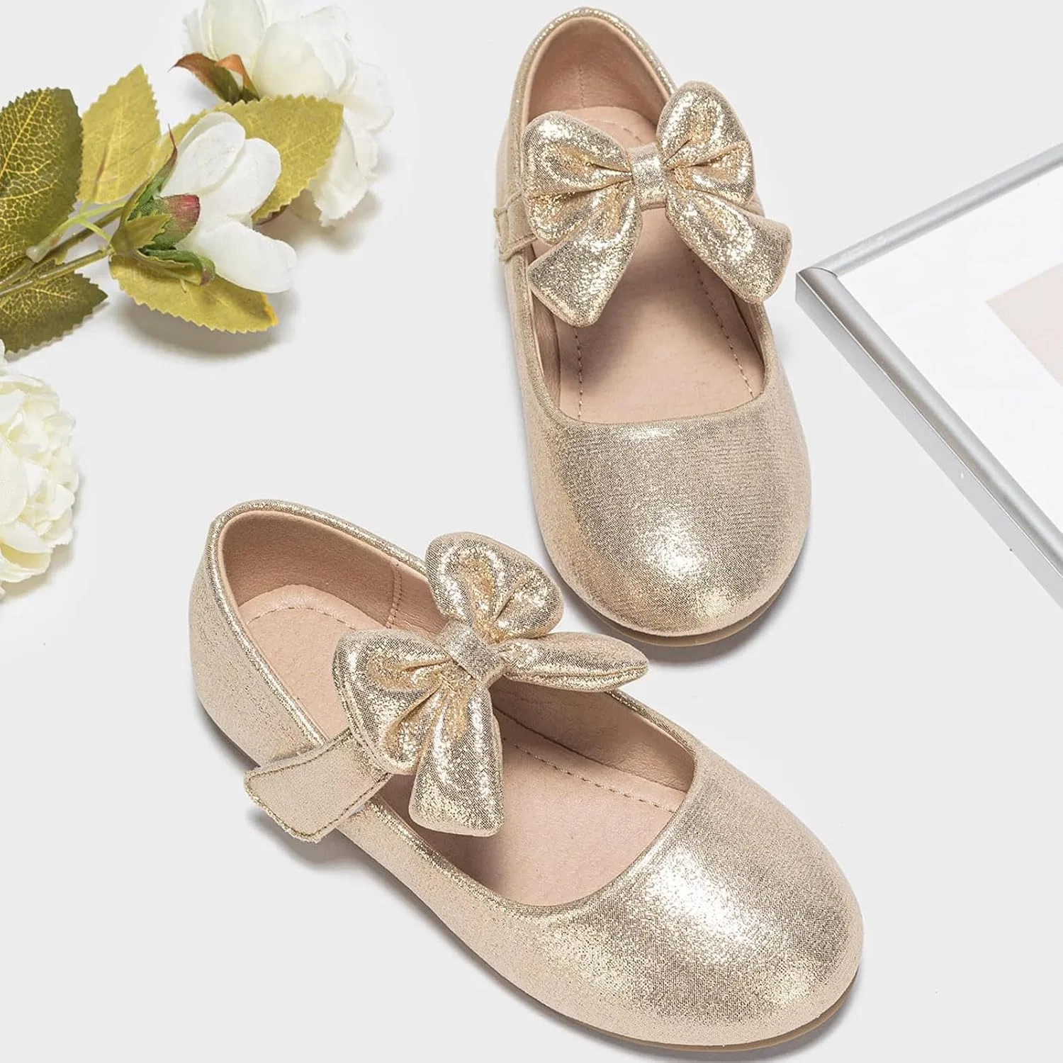 Детские балетки для девочек с бантом Mary Jane Shoes Ballet Bow, Gold — фото 4
