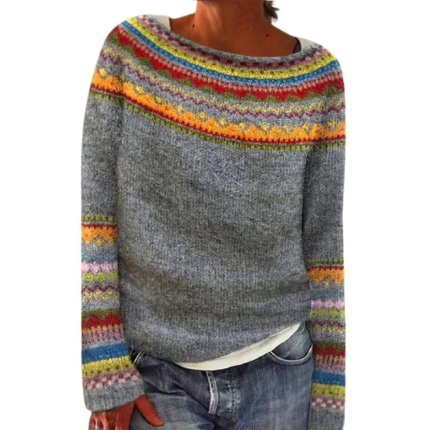 Женский свитер оверсайз с жаккардовым принтом Fair Isle HUIFUAO, A10 Grey
