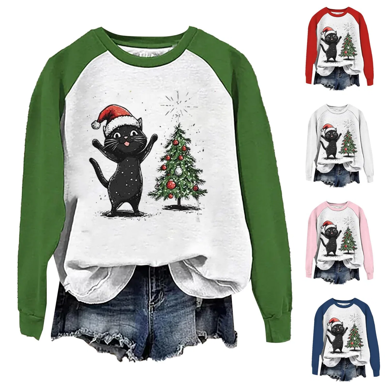 Женский свитшот с принтом Christmas Tree Funny Cat Say What Woman Pullover, Z12 Pink