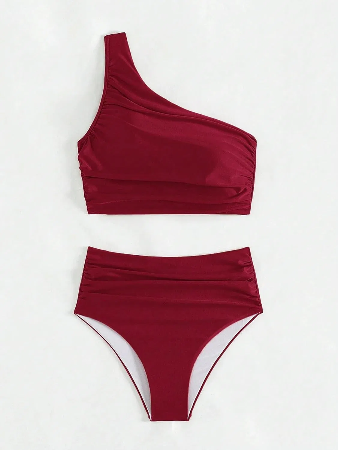 Женский купальный костюм с асимметричным плечом High Waisted Two Piece Bikini Set, Burgundy — фото 3