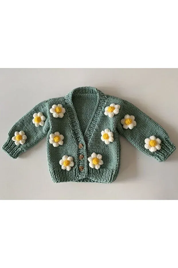 Детский кардиган для девочек с цветочным принтом Hand knitted daisy baby cardigan Hobihanem Tuhafiye, Mint