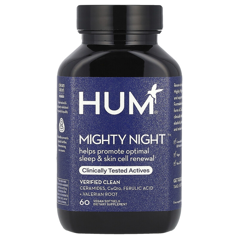 

HUM Nutrition, Mighty Night , керамиды, коэнзим Q10, феруловая кислота и корень валерианы, 60 веганских мягких таблеток