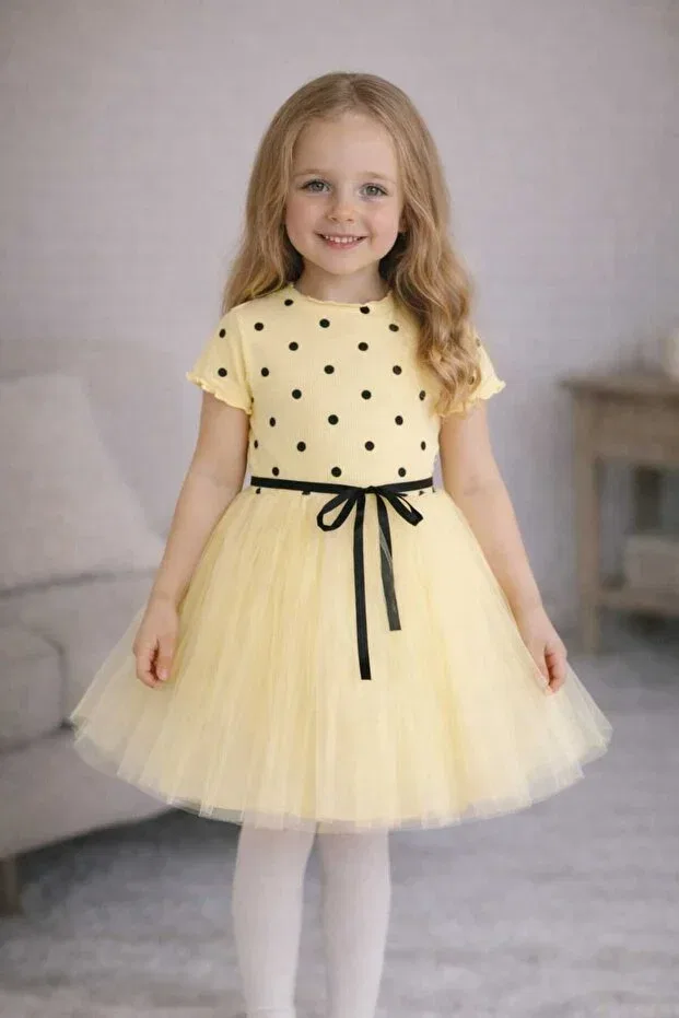 Детское платье для девочек с принтом Linda short sleeve girls princess fluffy tutu yellow polka dot stretchy lycra tulle tutu dress Şirin Şeyler Butiği, Yellow-Short