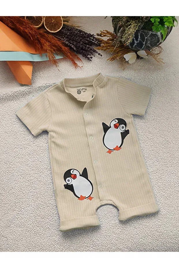 Детское боди-комбинезон для новорожденных с принтом 100% Cotton Penguin Patterned Short Sleeve Shorts Jumpsuit Jakc Ways, Beige