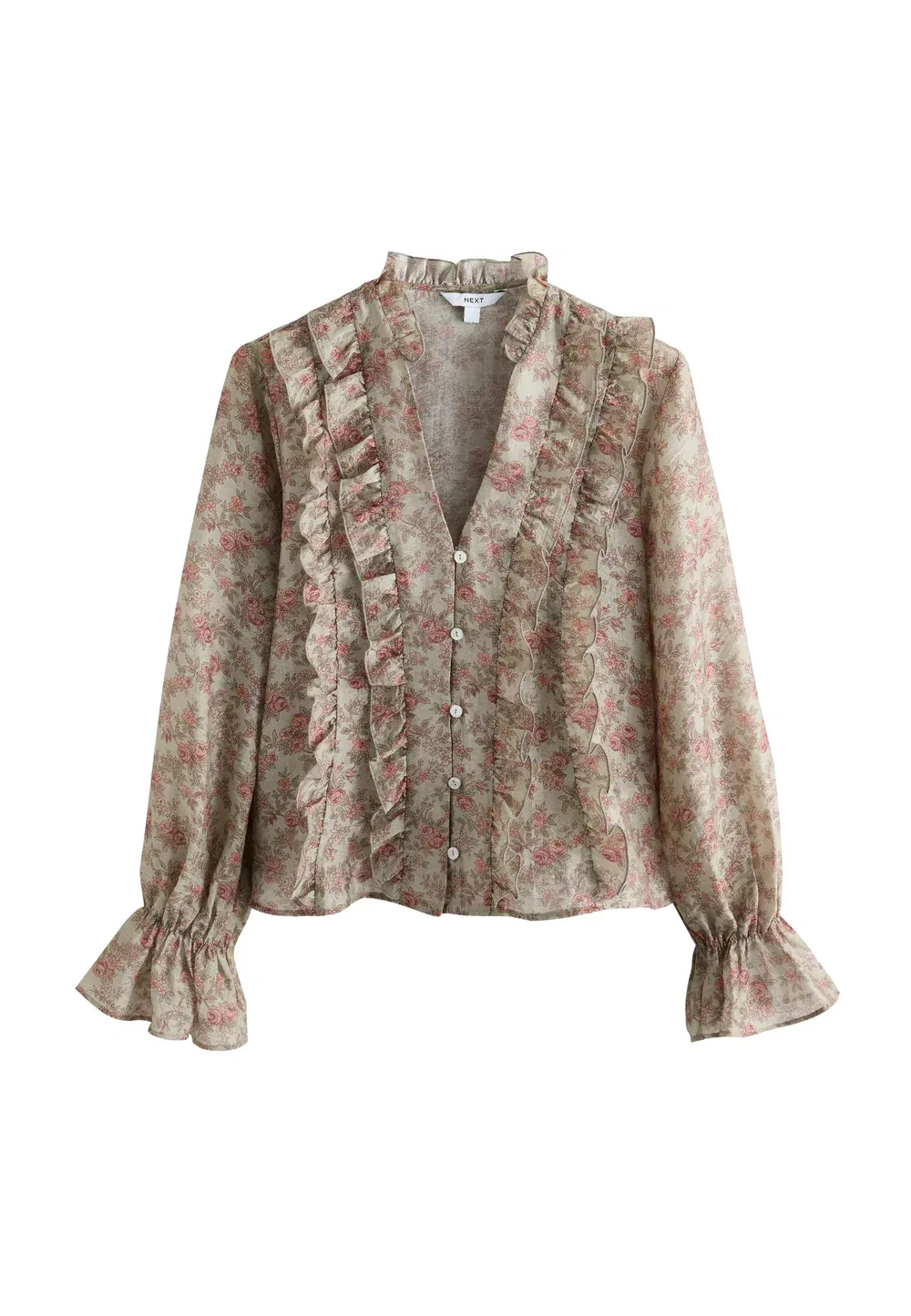 Блузка прямого кроя с длинными рукавами и оборками, на пуговицах Next, Sage Green Floral Print