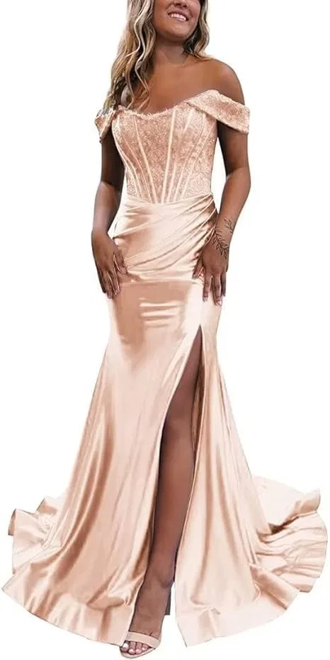 Женское вечернее платье с корсетом и разрезом Satin Applique Off Shoulder, Rose Gold