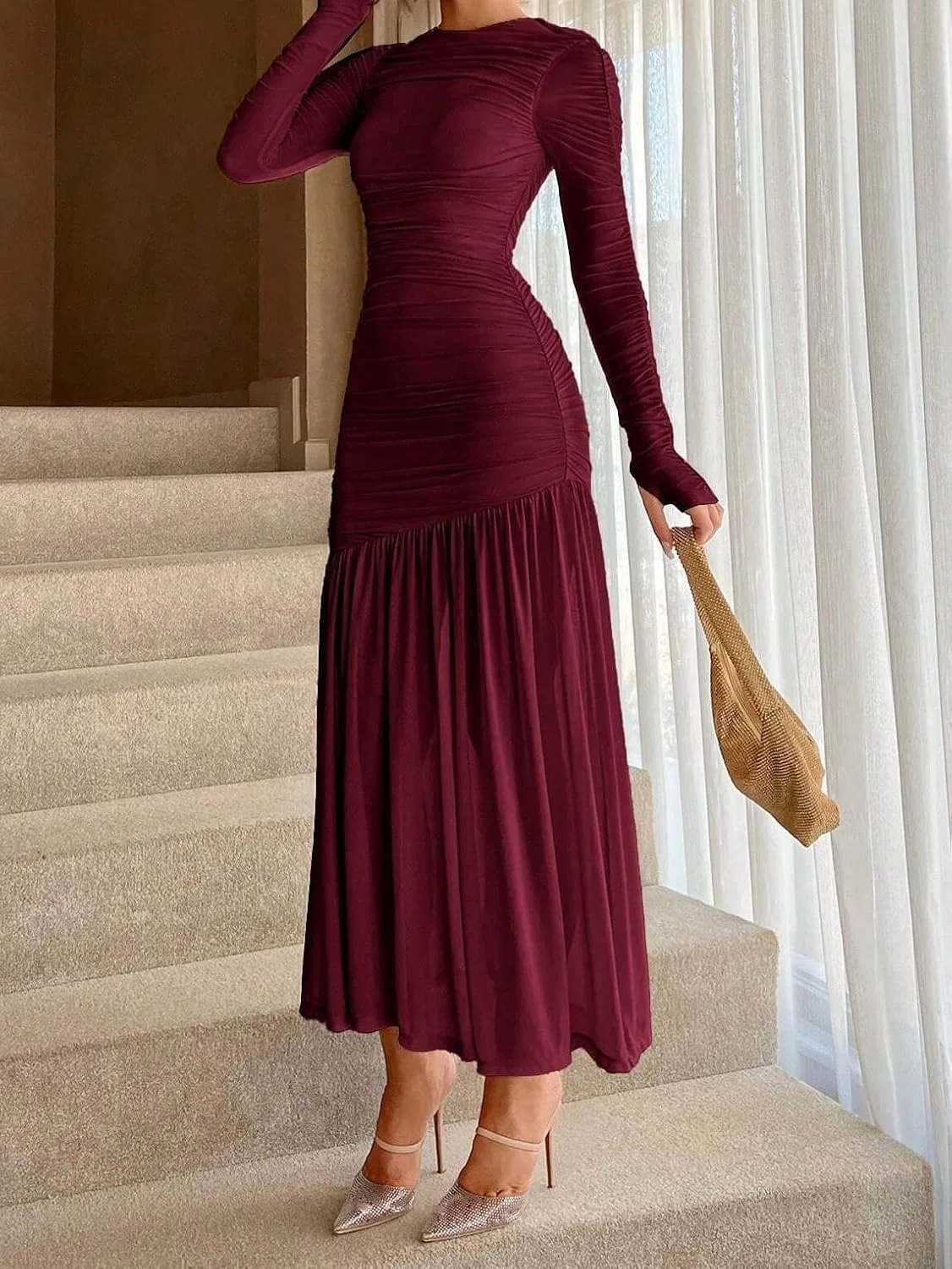 Женское A-силуэта длинное платье с защипами Generic, Rose Red — фото 4