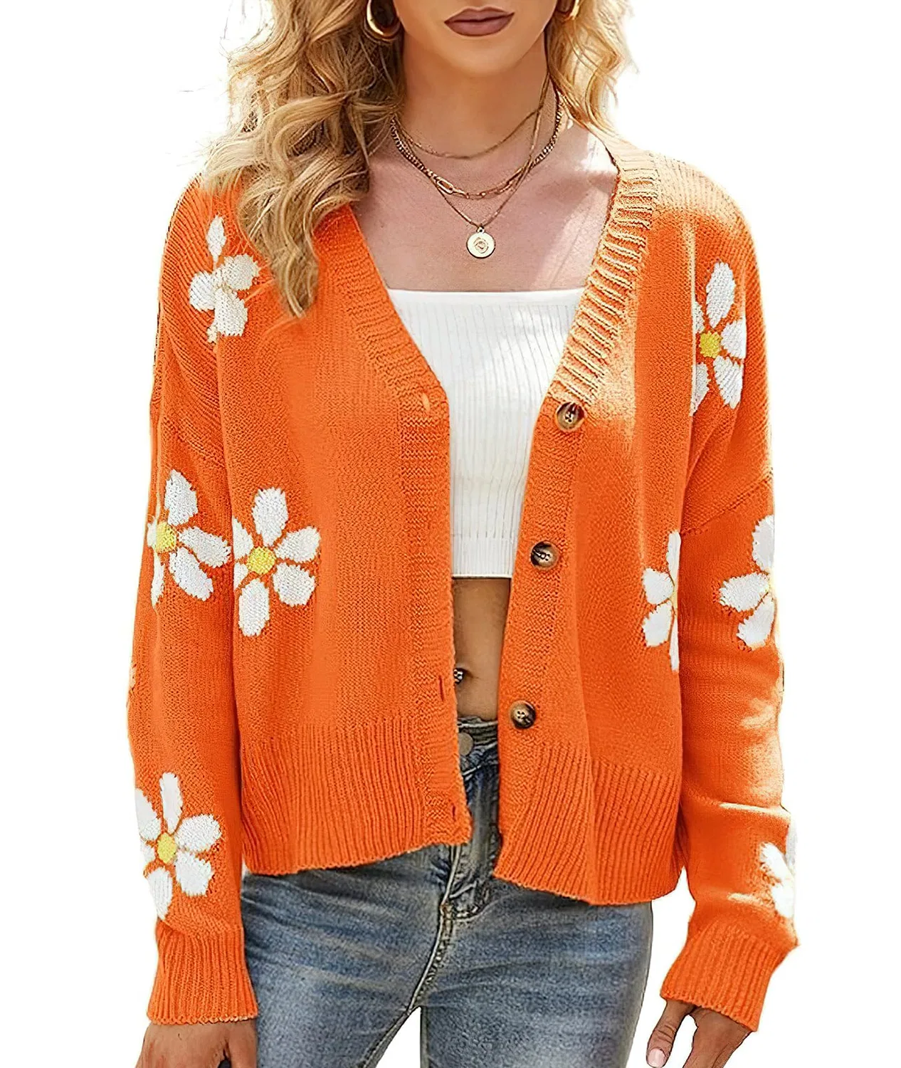 Женское вязаное пальто-кардиган с принтом Daisy Cute Cute Smiling Graphic, 02 Arancione