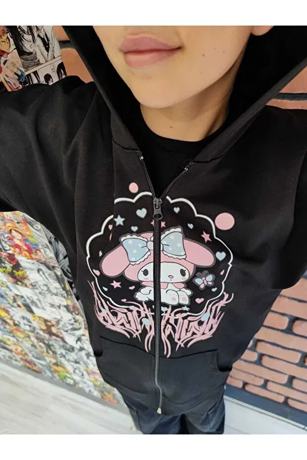 Детское худи с принтом My melody fringed pink front printed black zipper sweatshirt cardigan Mech Butik, Black — фото 2