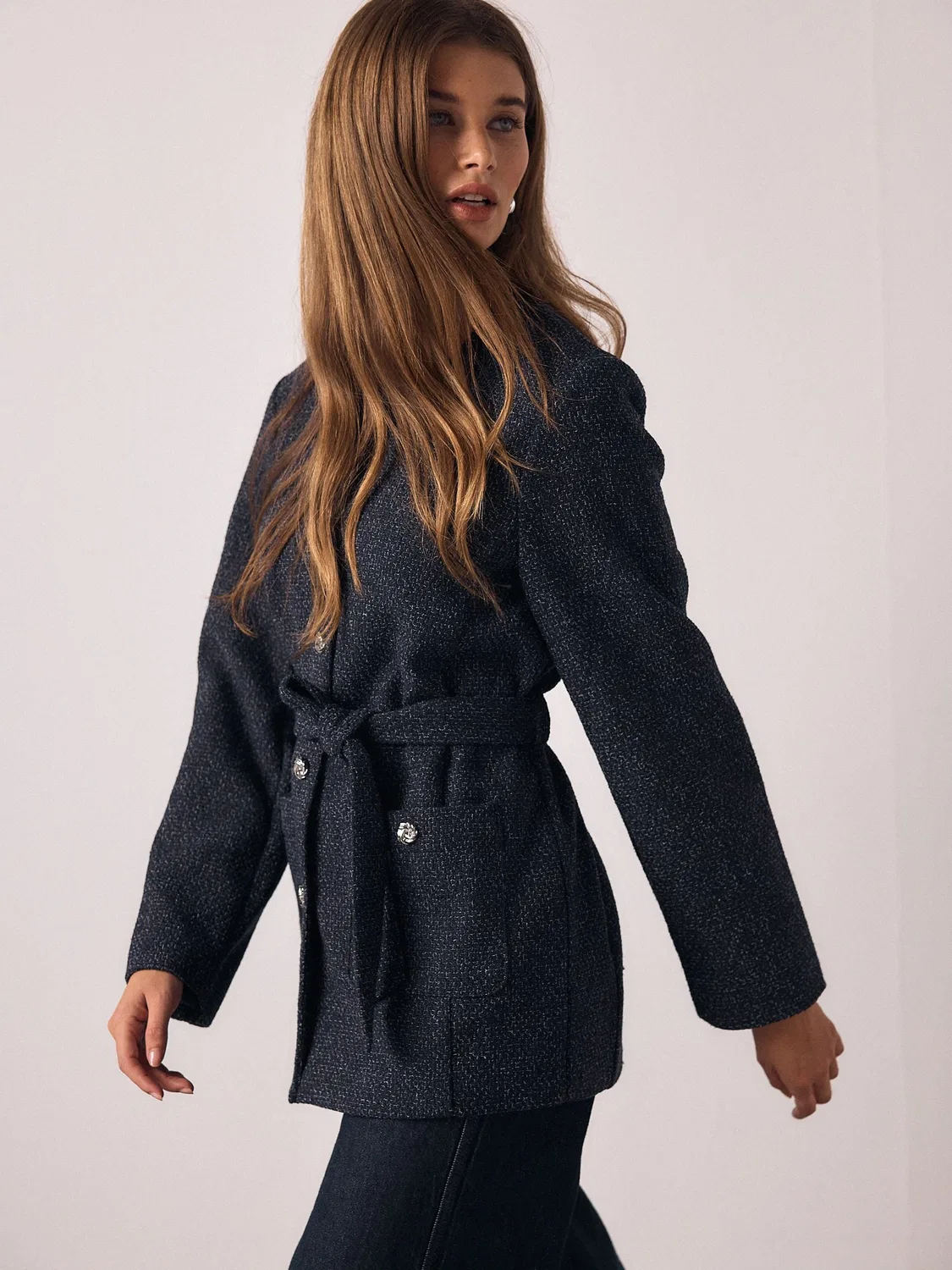 Жакет с поясом из букле с вкраплениями, Navy Fleck Boucle Belted Jacket Next, темно-синий — фото 3
