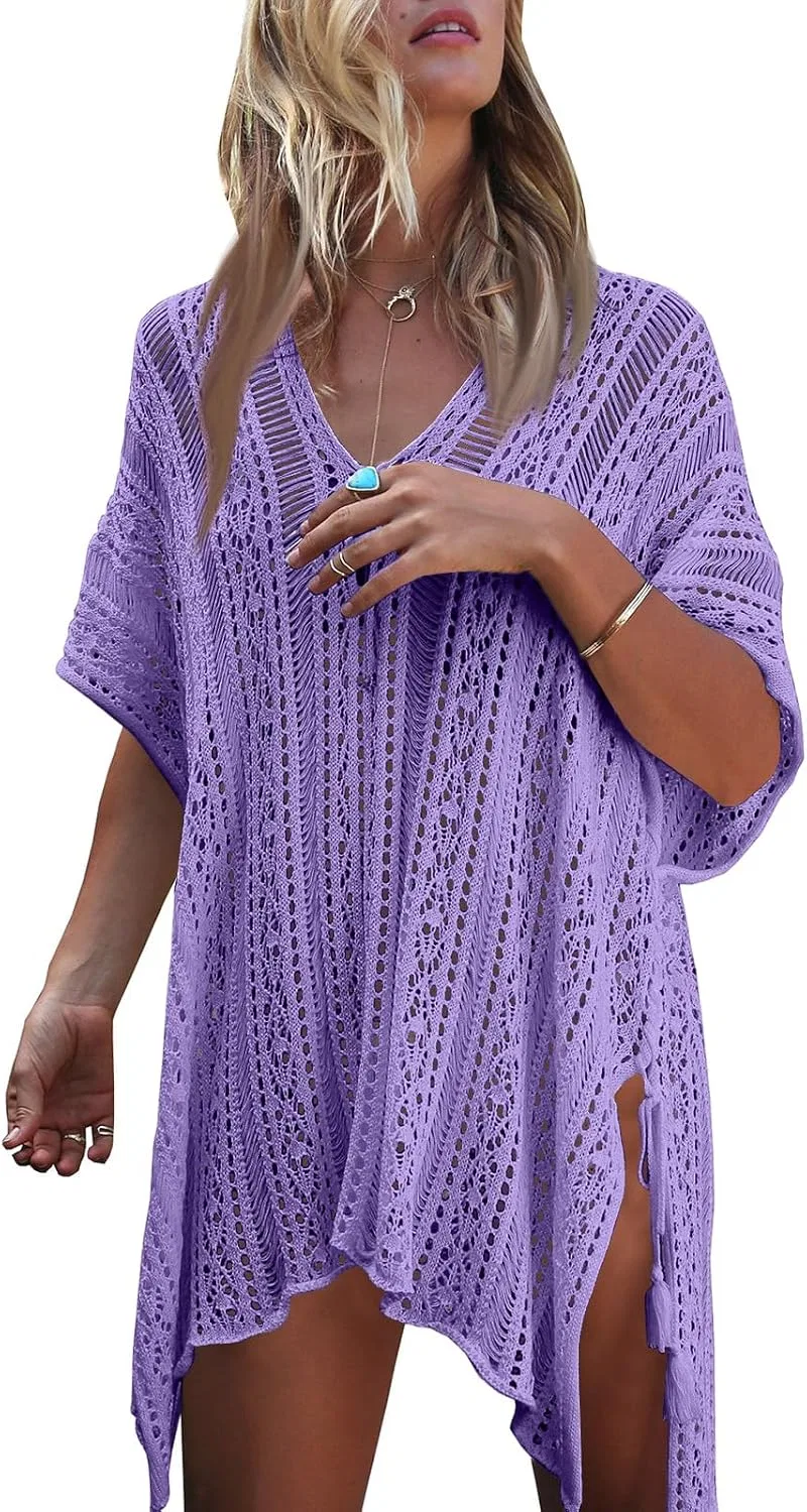 Женский пляжный топ-накидка с вязаным узором, Purple