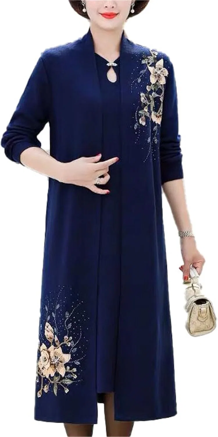 Женский костюм-двойка с длинным кардиганом и миди-платьем Generic, Navy Blue