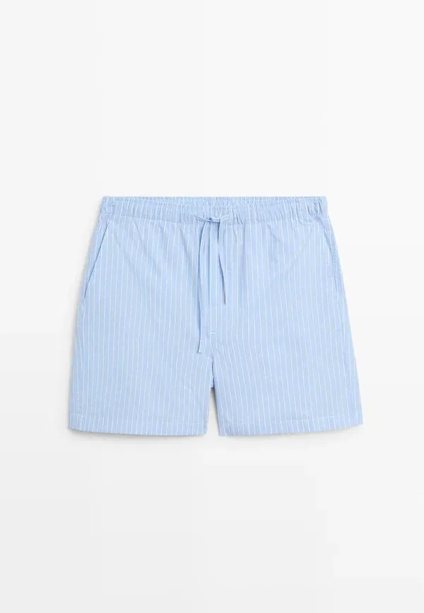 Пижамный комплект из хлопка, модель Short sleeve pyjama top and striped trousers, Massimo Dutti, синий — фото 2