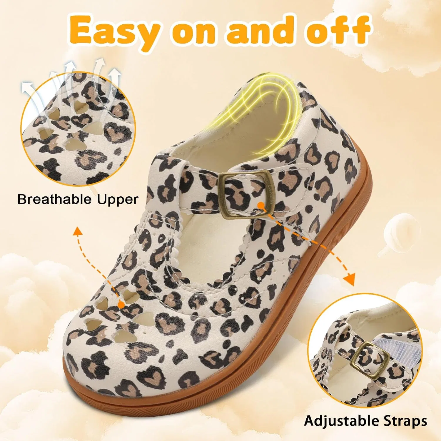 Детские туфли для девочек с широким носком Mary Jane Flats LeIsfIt, Leopard — фото 4