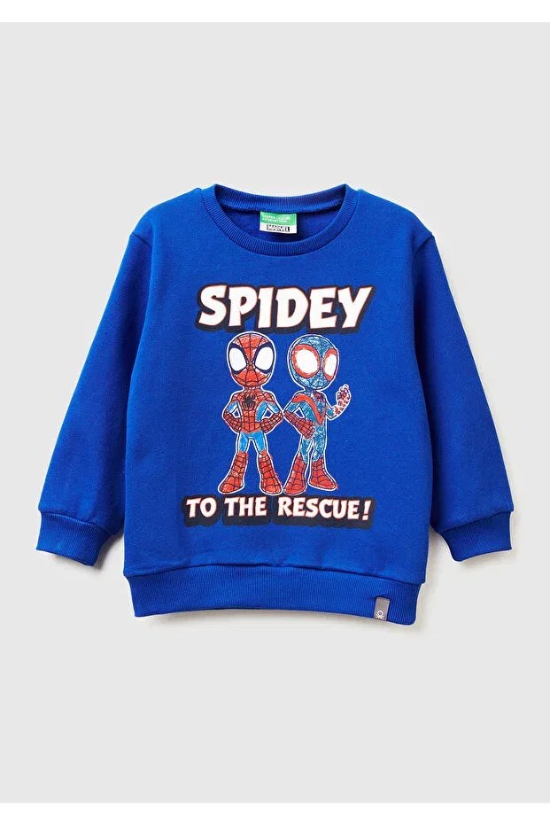 Детские свитшот для мальчиков с принтом Spiderman Print Logo Embossed Ribbed United Colors Of Benetton, Saks Blue