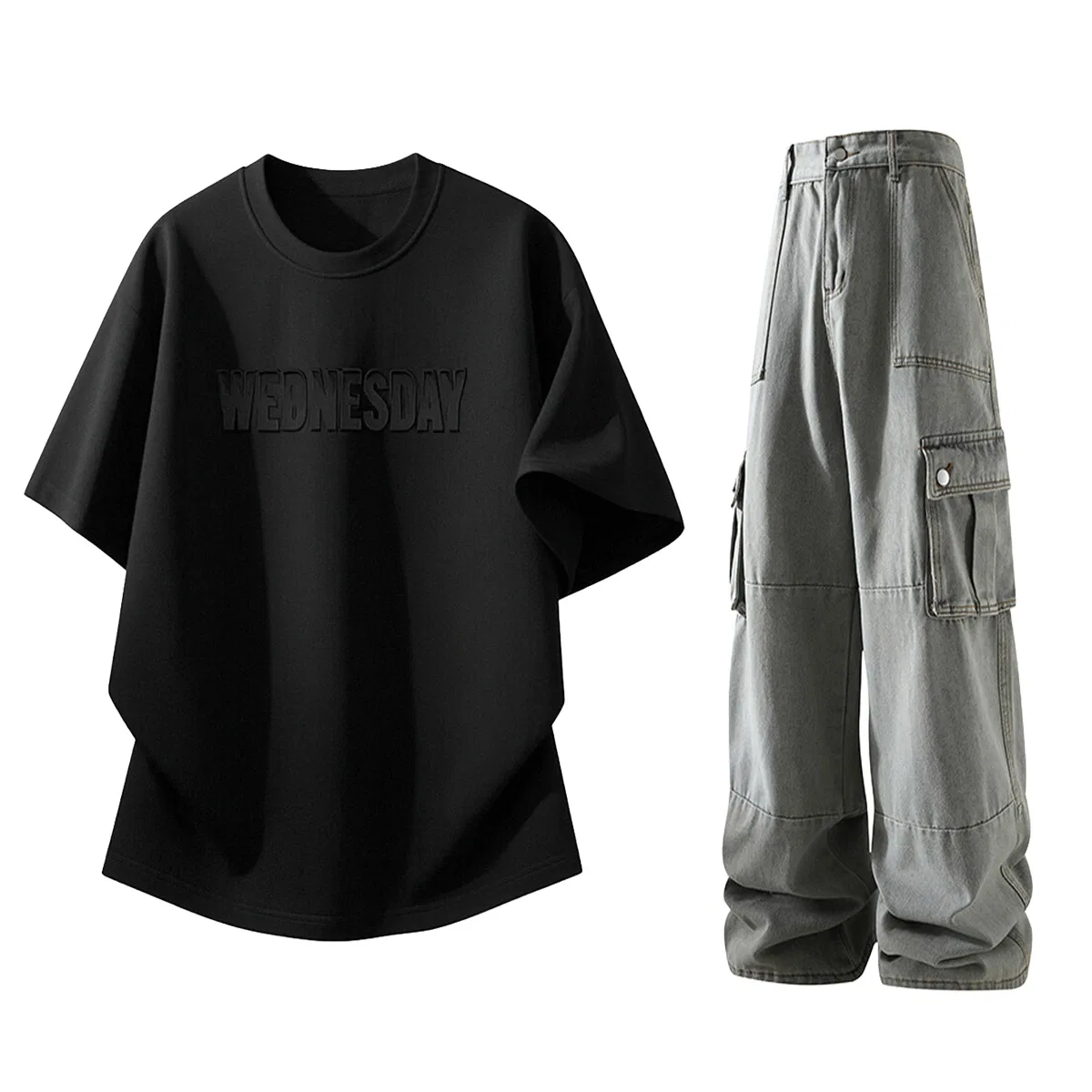 Детский комплект из футболки и джинсов GWAF, Black Short-Sleeved Shirt + Vintage Blue Workwear Jeans