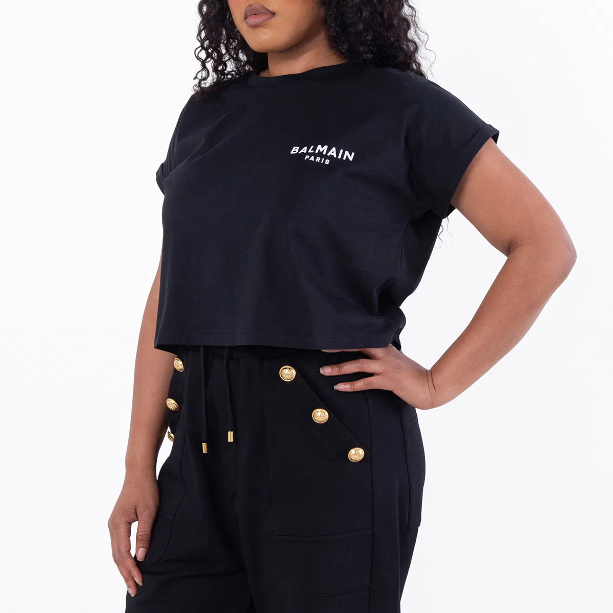Футболка с принтом Flock Logo Print Cropped T Shirt Balmain, Eab Black/White — фото 2