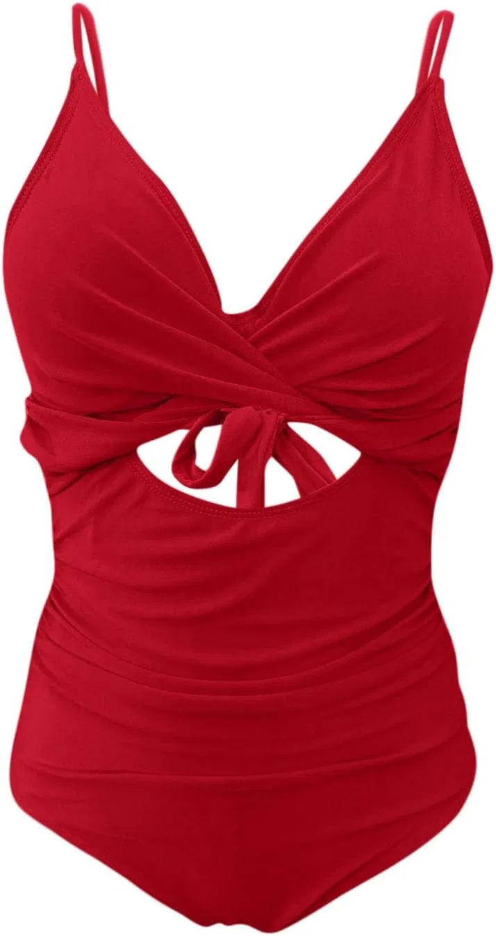 Женский цельнокроеный купальник с утяжкой живота ruched high waisted, Red — фото 3