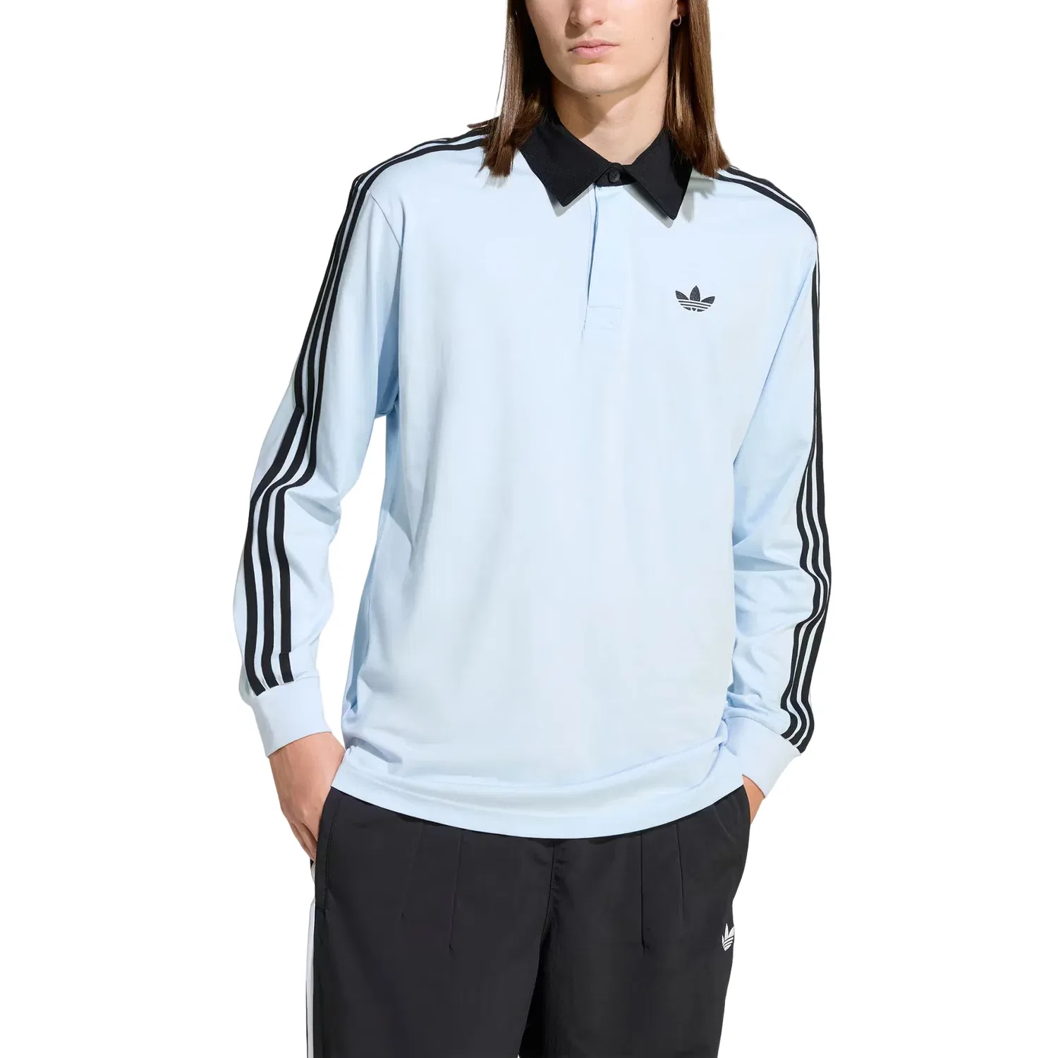 Мужское поло Three Stripes Rugby Polo Shirt Asia Sizing 'Crystal Sky' adidas, Crystal Sky — фото 3