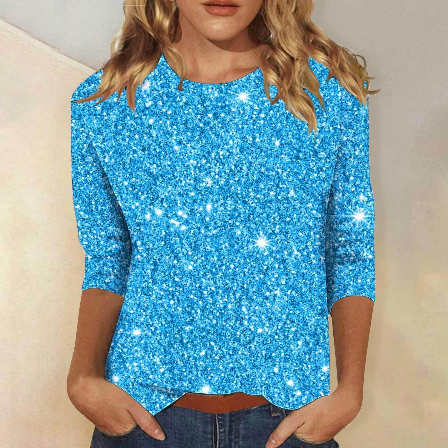 Женская футболка с блестками V-образным вырезом Retro Top, Blue — фото 2