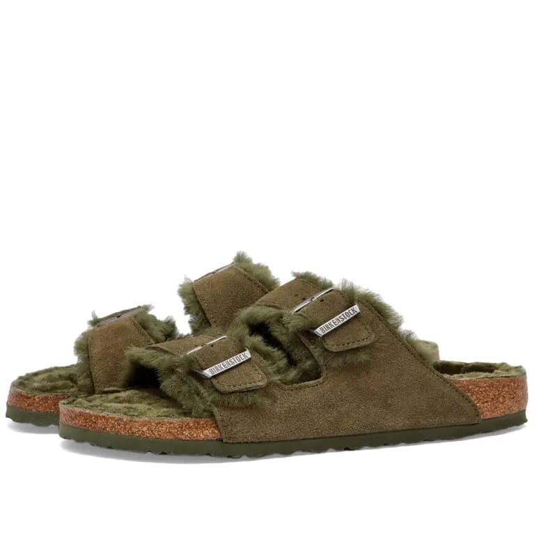 Сандалии Birkenstock Arizona Shearling Suede Leather, серовато-оливковый — фото 4