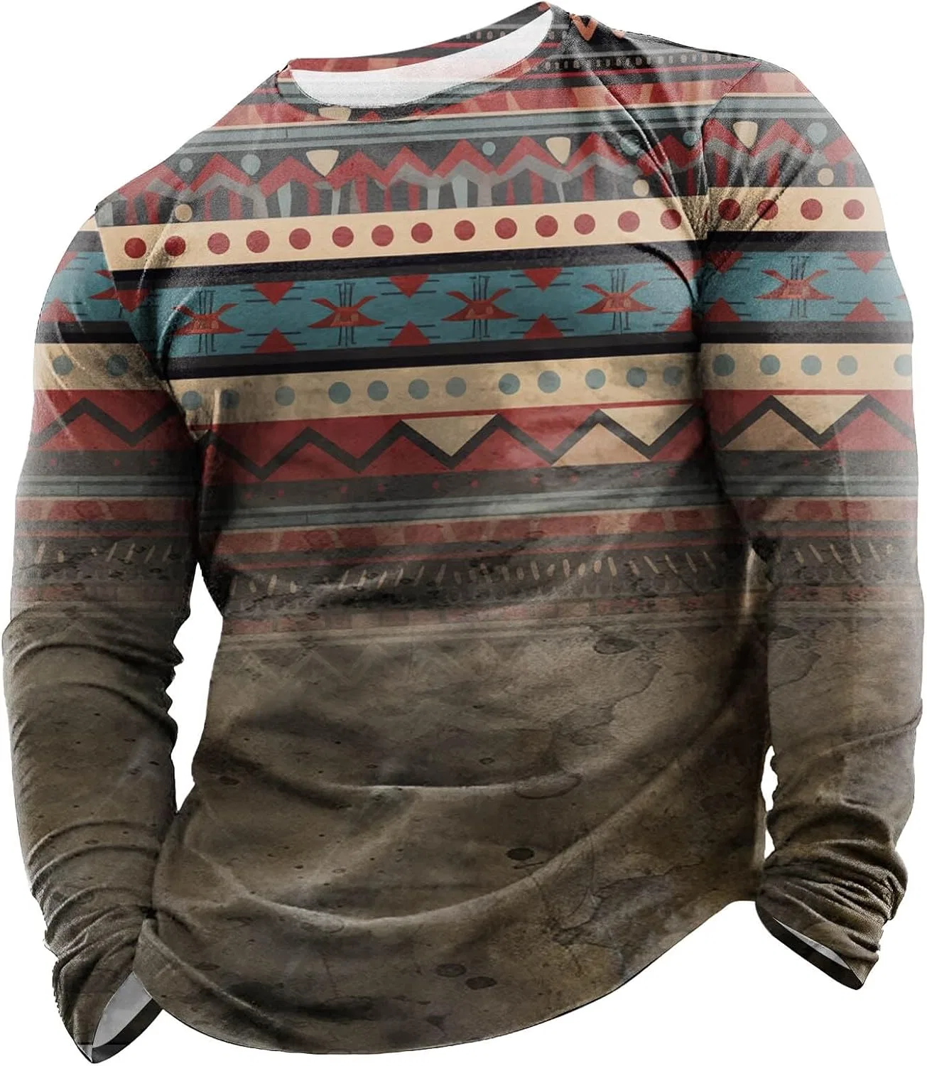 Мужская футболка с западным принтом Aztec Long Sleeve Crewneck, Z01_coffee