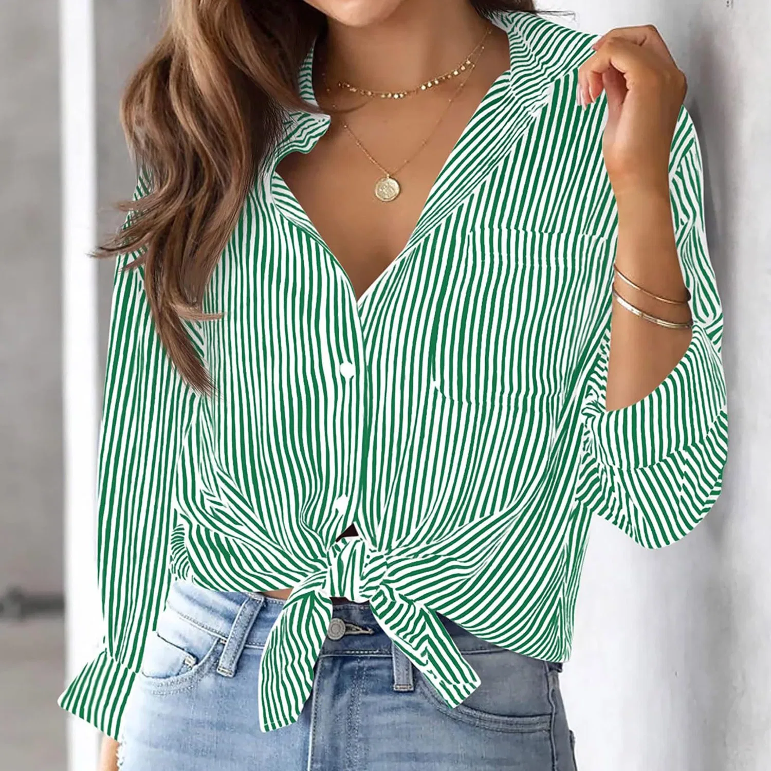 Женская рубашка с длинным рукавом в полоску Classic Elegant, Green — фото 2