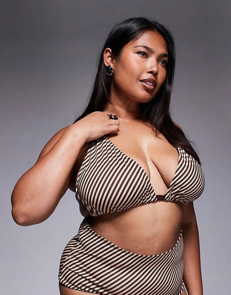 

Бикини-топ Curve Vivienne шоколадного цвета с золотой фурнитурой и полосками ASOS DESIGN Asos Curve