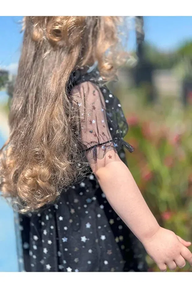 Детское платье для девочек с принтом Girl'S star patterned 100% cotton lined black chiffon summer dress with elastic sleeves Shop, Black — фото 4