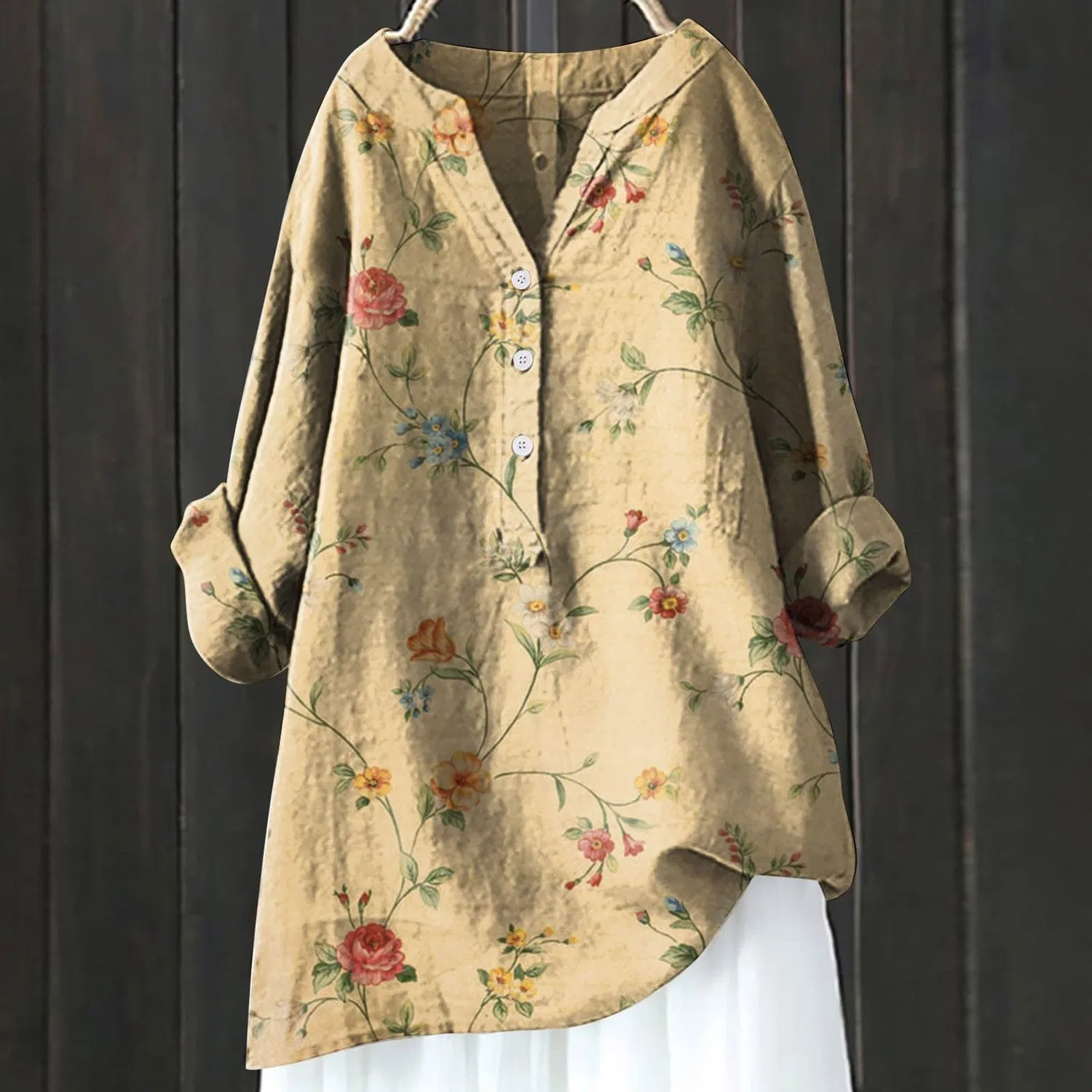 Женская блузка с V-образным вырезом и пуговицами, модель Linen 2026, Yellow — фото 2
