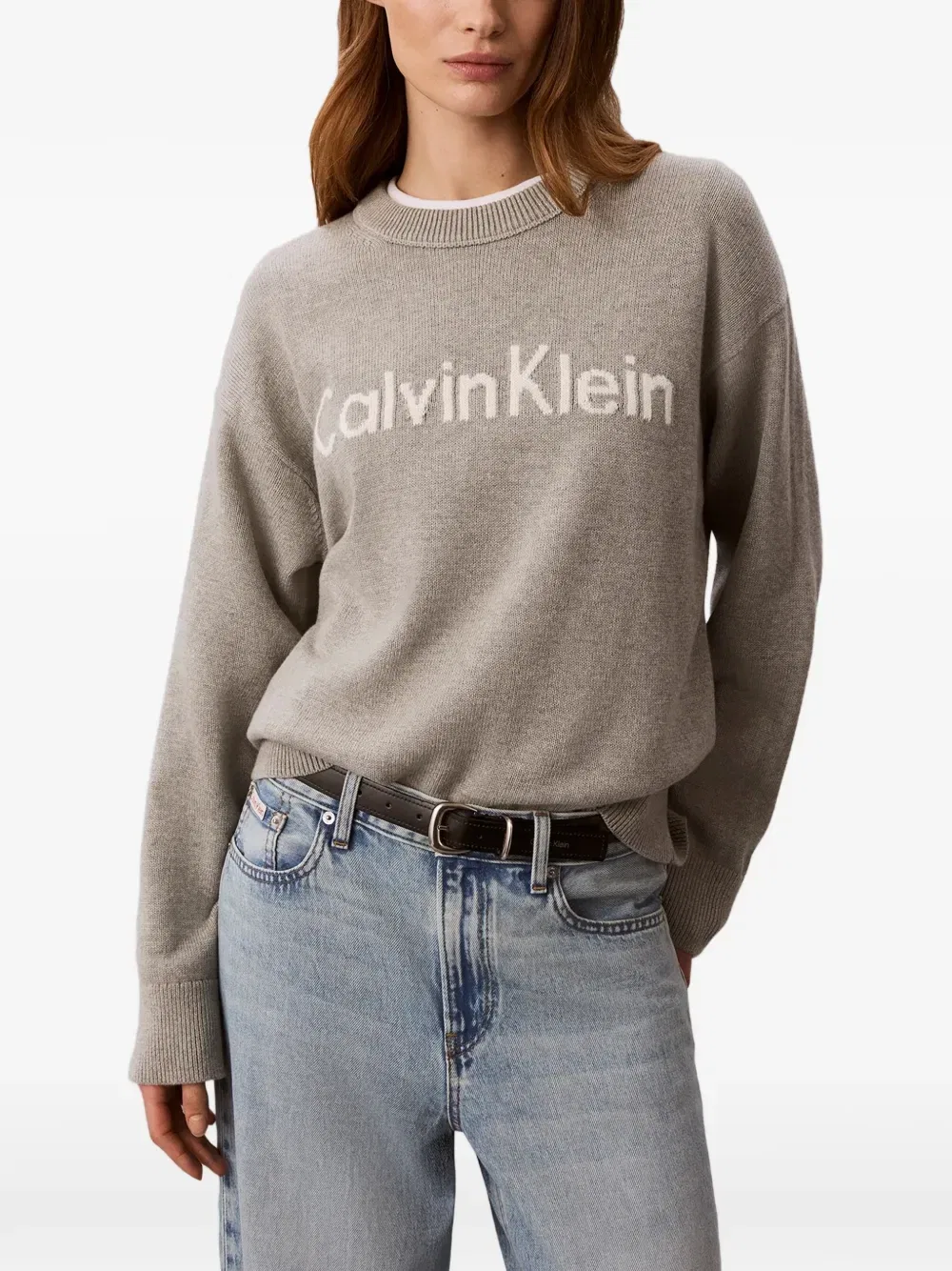 Джемпер с круглым вырезом и логотипом-интарсией Calvin Klein, серый — фото 3