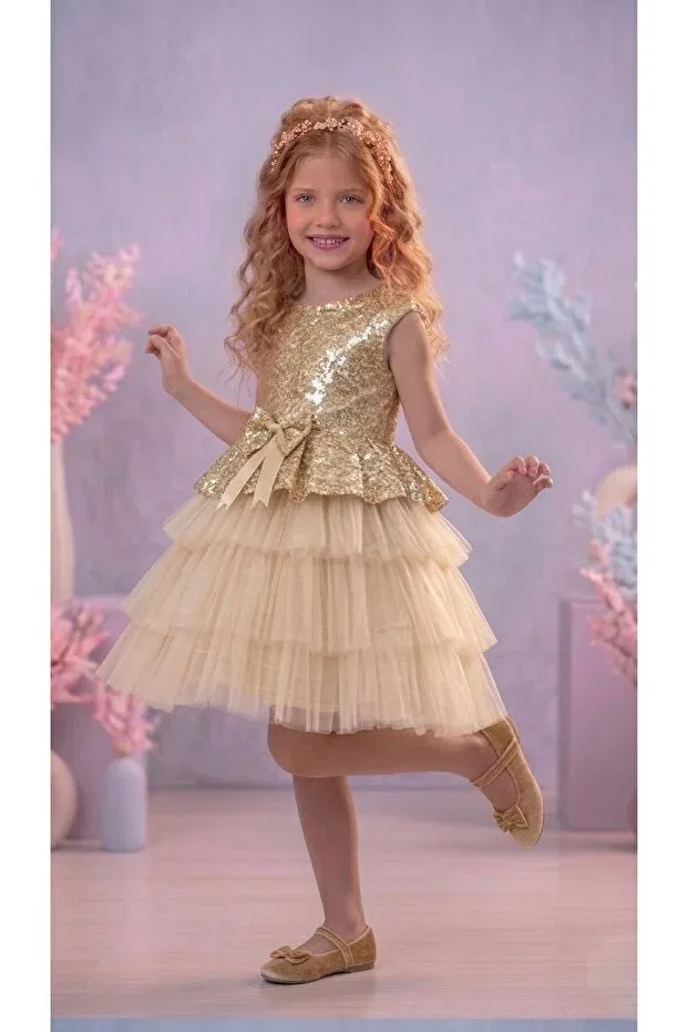 Детское платье для девочек с пайетками Delfini Kids, Gold — фото 4