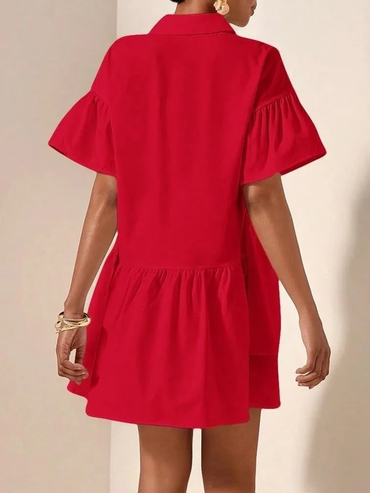 Женское повседневное платье с рюшами и ярусами Short Sleeve, Red — фото 3