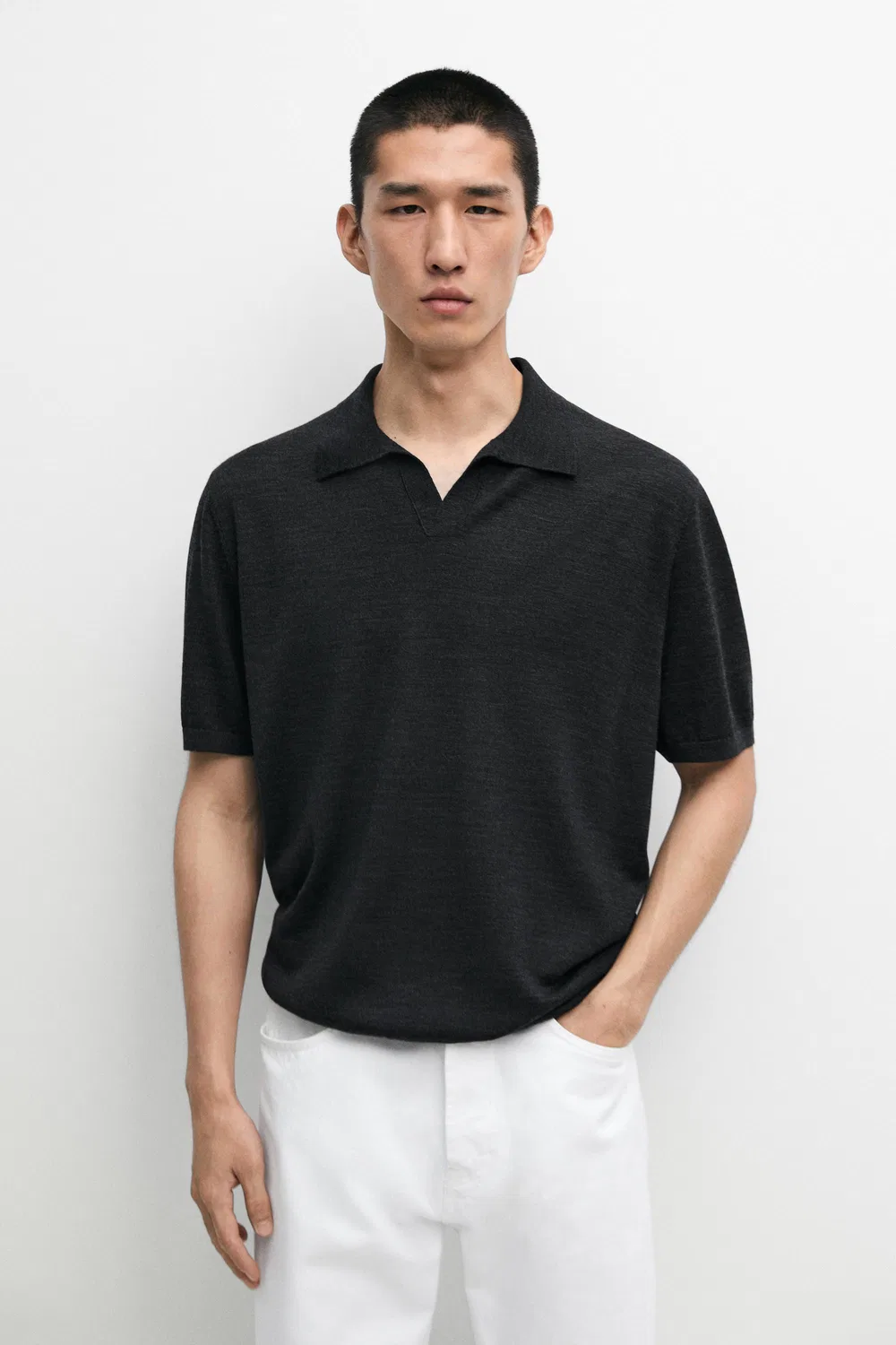 Рубашка-поло Massimo Dutti, с коротким рукавом из шерстяной смеси, угольный — фото 2