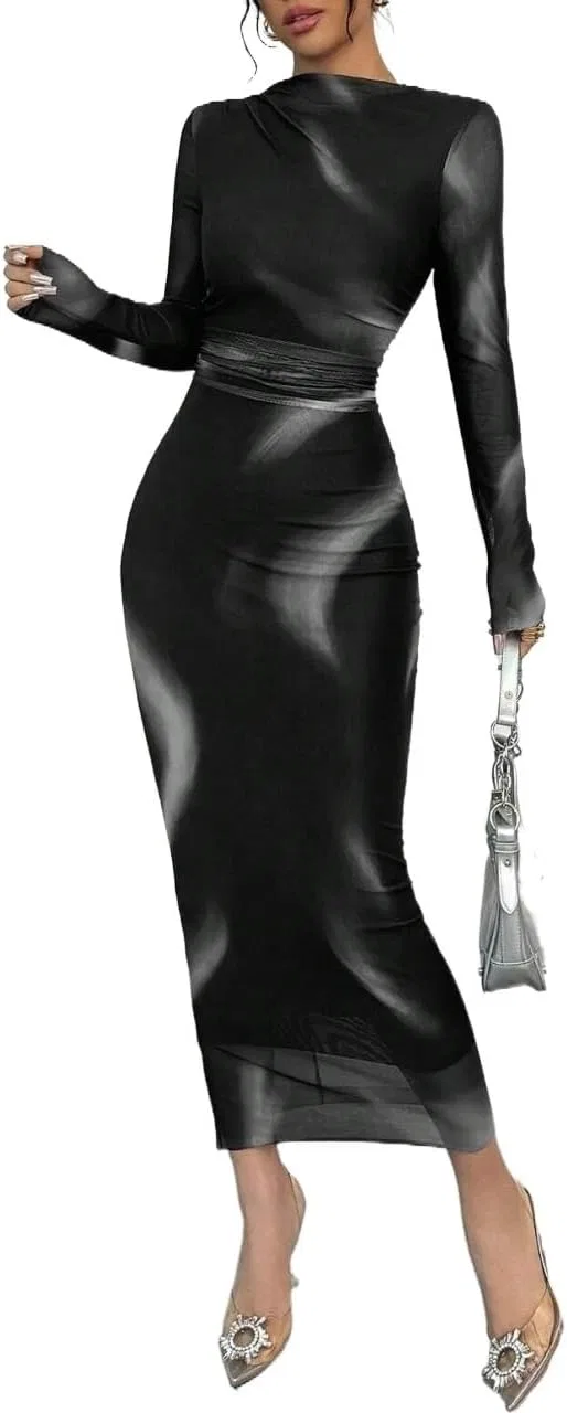 Женское элегантное платье миди с сеткой Bodycon, Black
