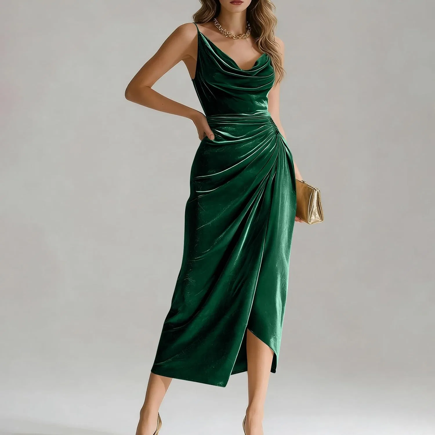 Женское коктейльное платье миди с велюровым и тюлевым декором, Dark Green — фото 4