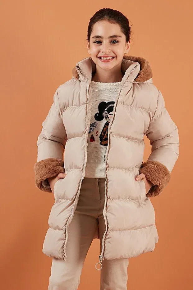 Детский пуховик с капюшоном Soft Lined Hooded Puffer Coat Lela, Beige