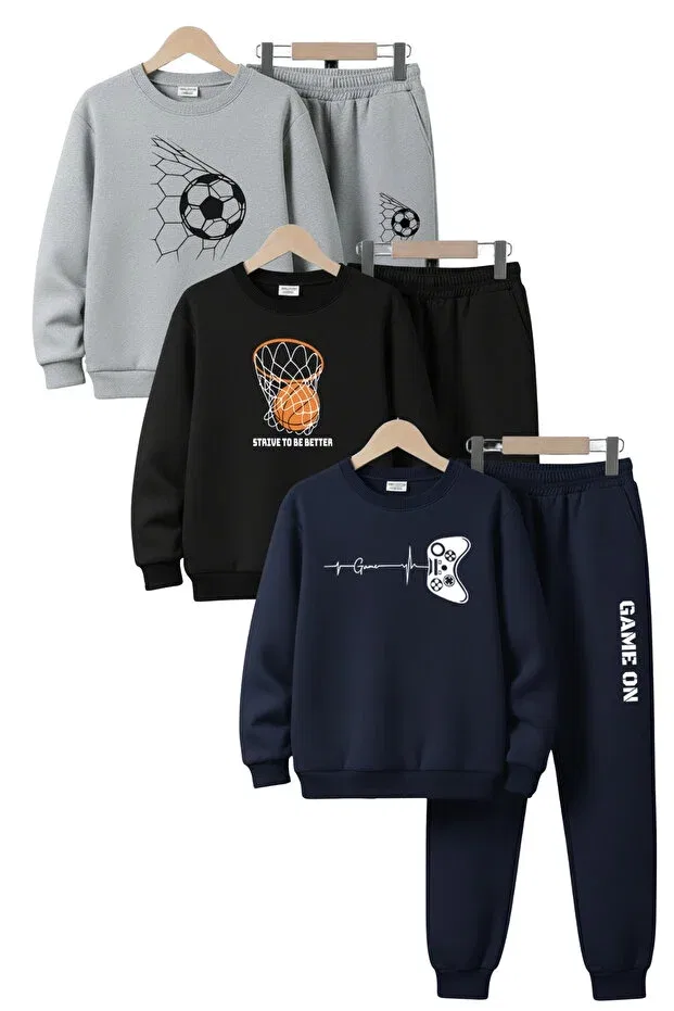 Детский спортивный костюм для мальчиков с принтом 3 thread thick sh fleece-lined crew neck print detailed 6 piece boys tracksuit set Ya Ko Kids, Gray-Black-Navy Blue