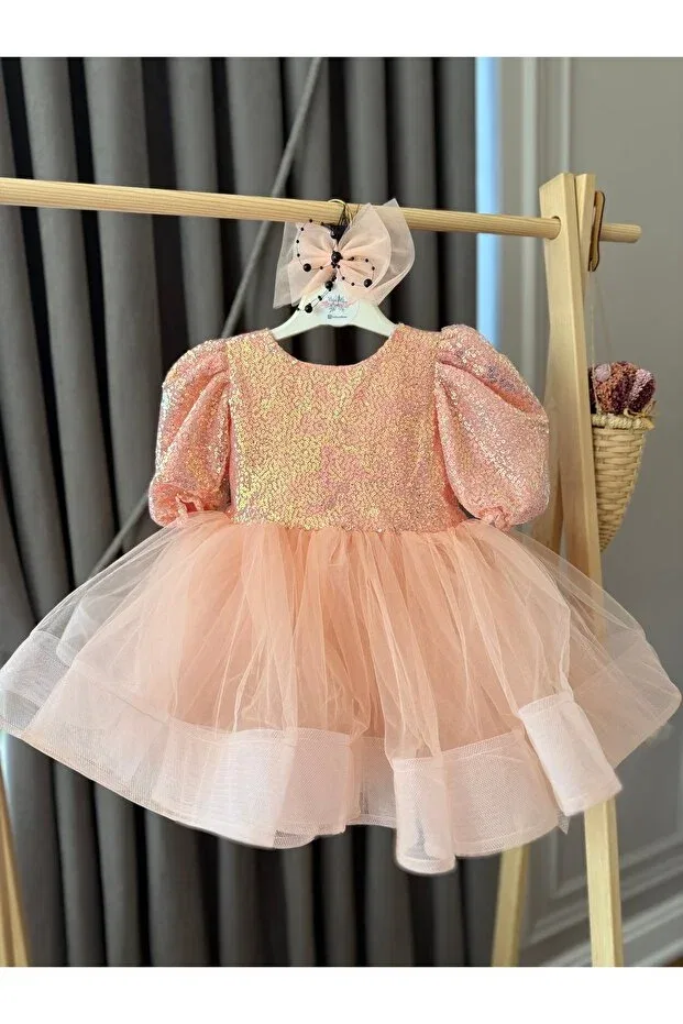 Детское платье-трапеция для девочек с пайетками Sequin sequined tutu puffy birthday party costume short balloon sleeves evening dresses girls kids dress Baby, Salmon — фото 3
