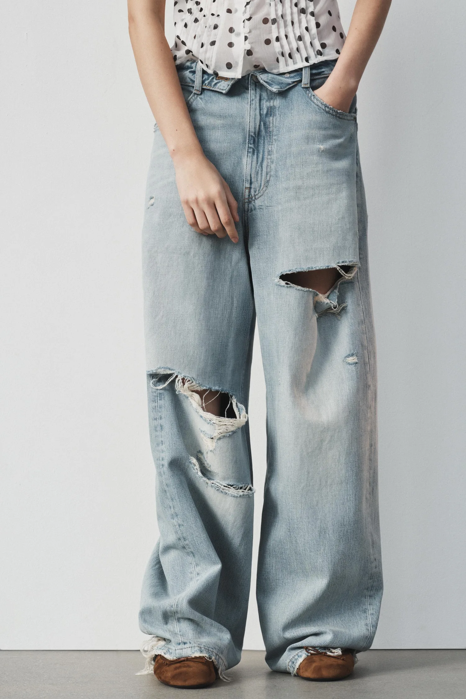 Джинсы Zara Trf Folded Waist Mid-waist, светло-голубой
