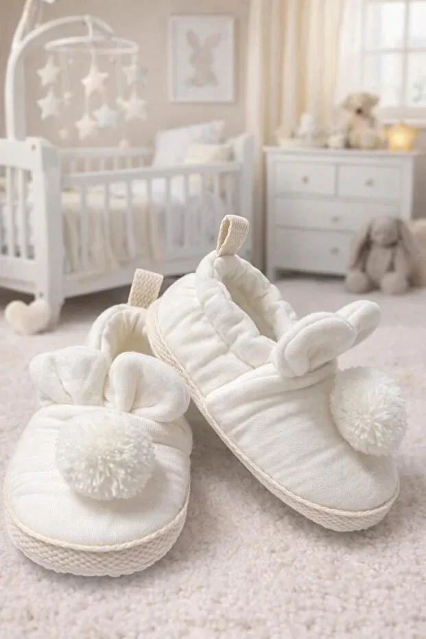 Детские ботиночки для первых шагов с помпонами Yukobaby Bebeğiniz Için En Doğalı, White