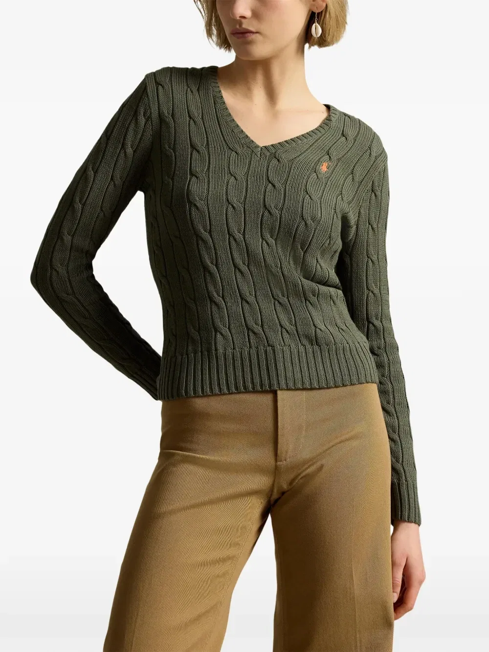 Свитер фактурной вязки с V-образным вырезом Polo Ralph Lauren, зеленый — фото 3