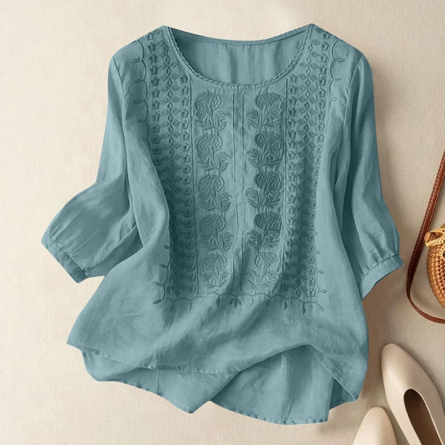 Блуза женская с вышивкой Embroidery Cotton Linen, светло-синий — фото 2