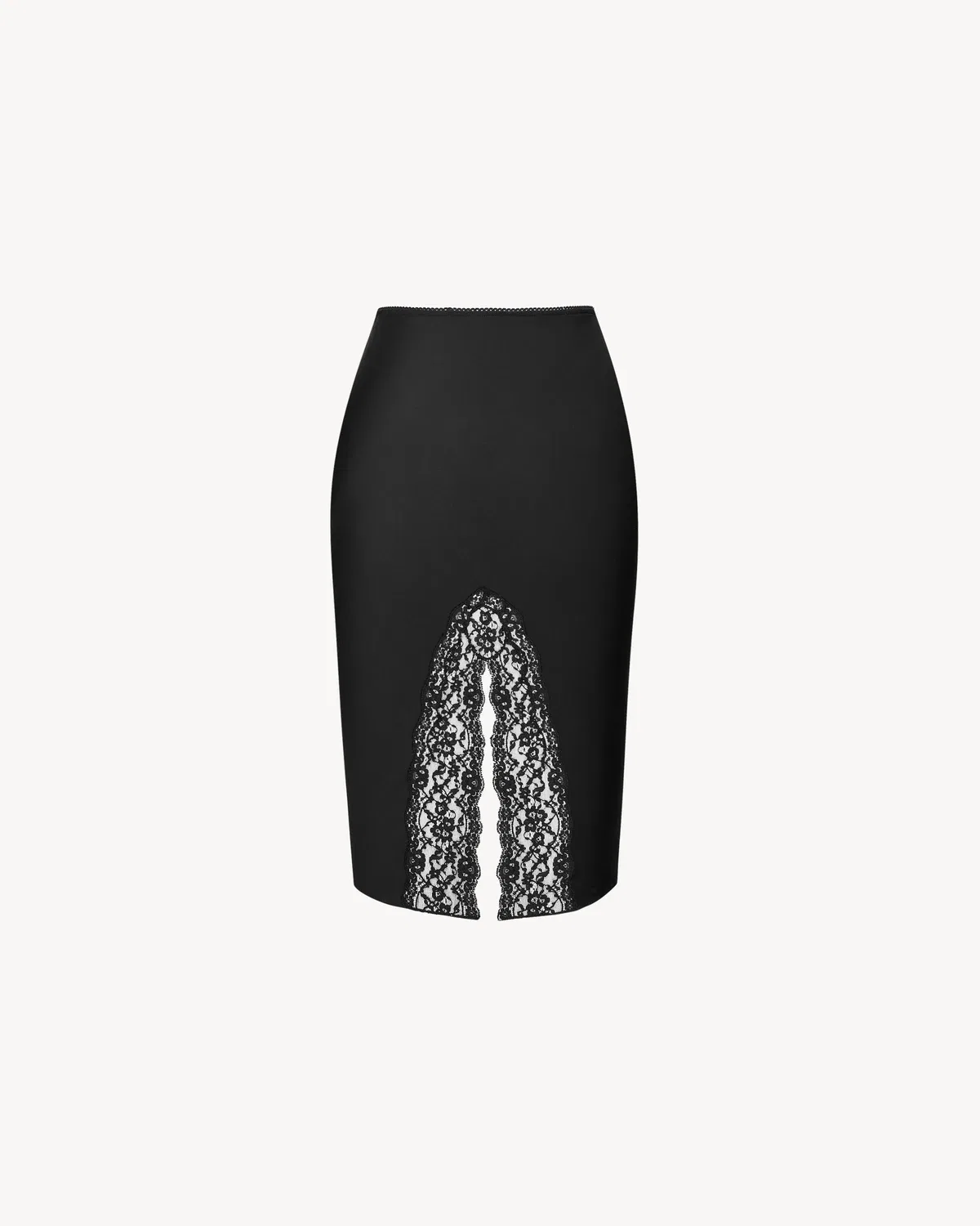 Юбка-слип с разрезом из двухслойного шелкового атласа и кружева. SAINT LAURENT, черный