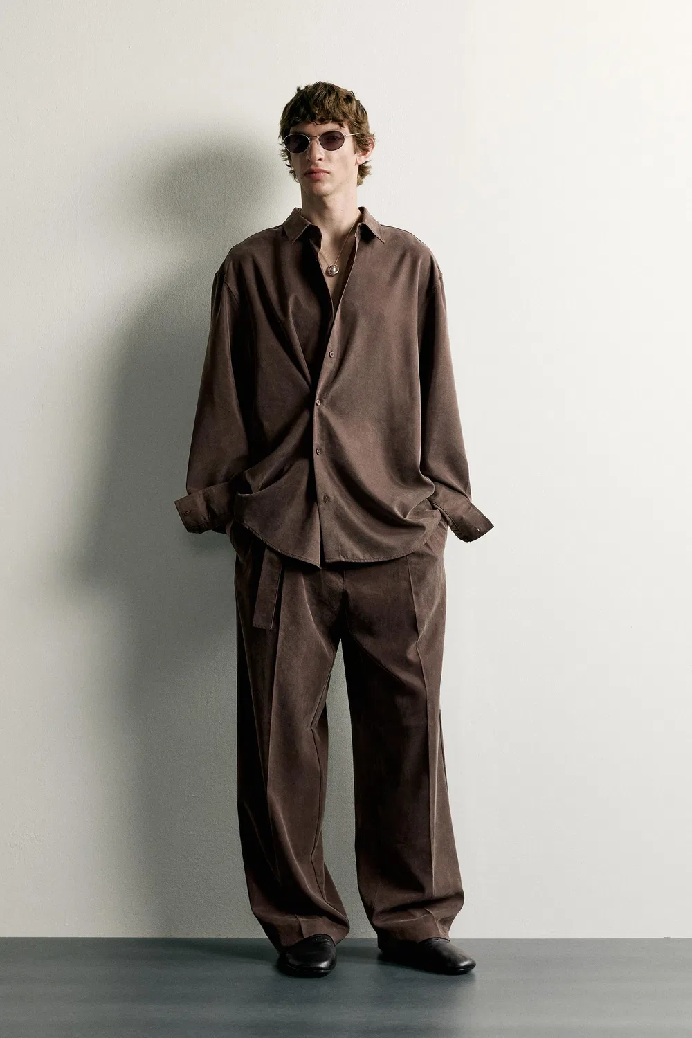 Свободные брюки свободного кроя с поясом ZARA, Dark brown