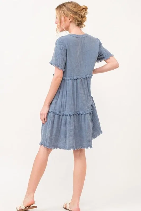 Женское повседневное платье с бахромой Washed Frayed Detail Tiered Dress, Blue — фото 3