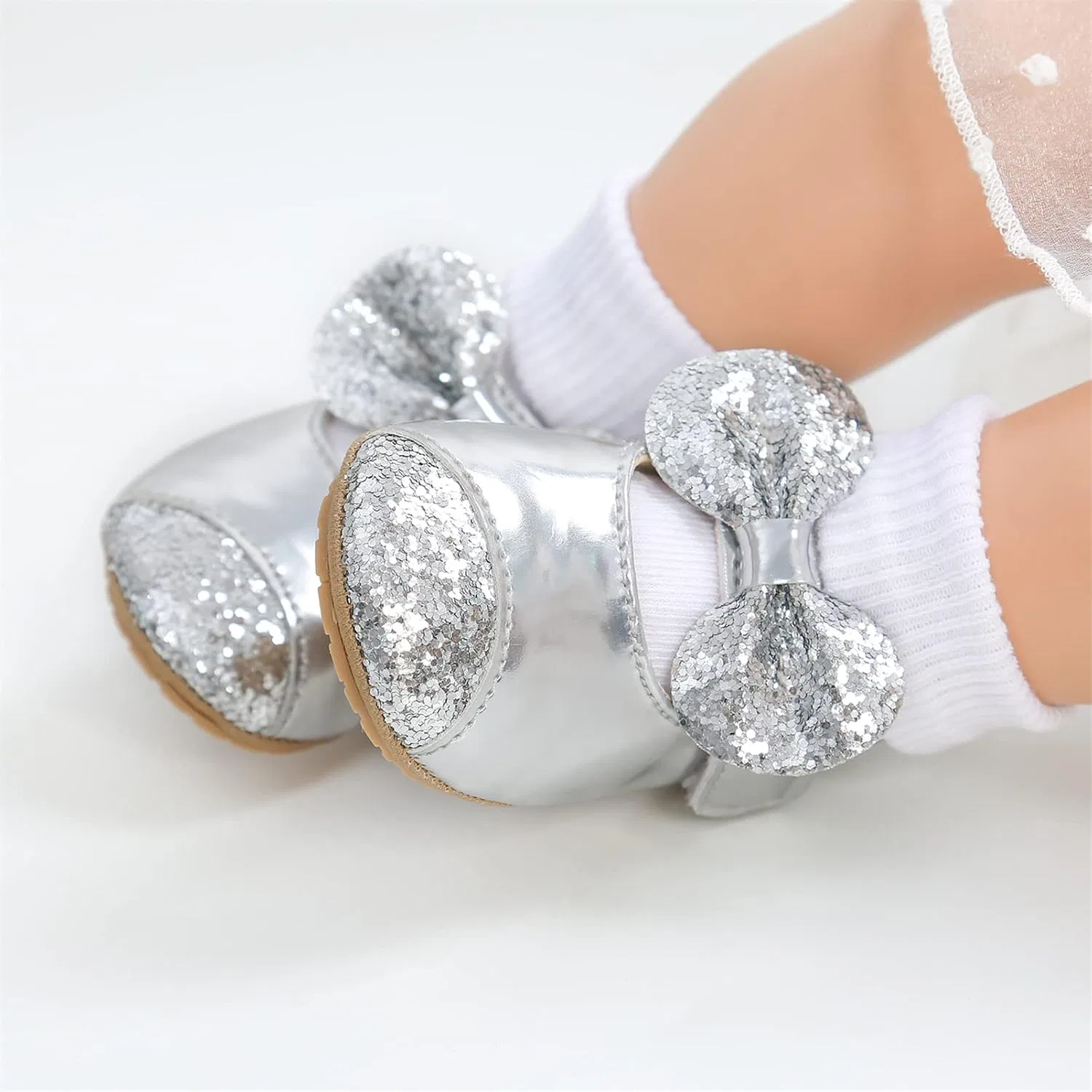 Детские туфли Мэри Джейн для девочек с бантом myppgg, Silver — фото 2