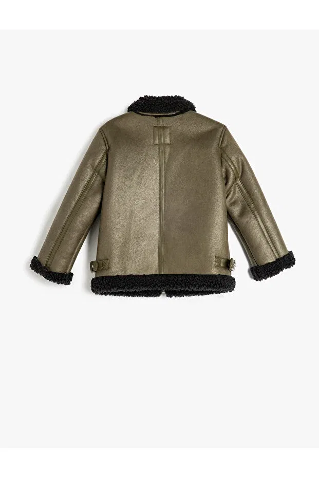 Детское пальто для девочек с длинным рукавом Biker jacket faux leather with plush detail Koton, Khaki — фото 2