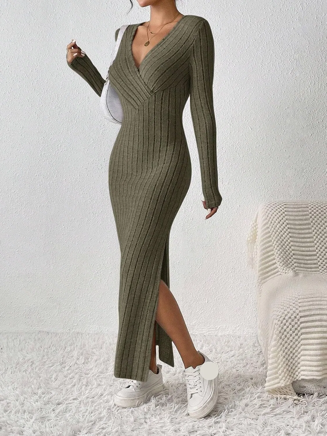 Женское облегающее платье миди с запахом Bodycon, Army Green — фото 4